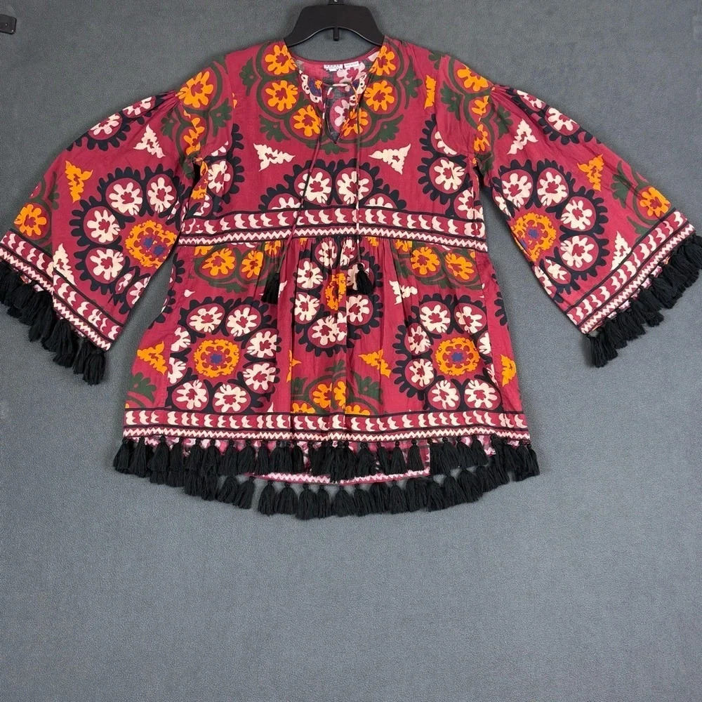 Rhode Resort Flowy 3/4 Sleeve Boho Tasseled Floral Print Shirt SZ: XS bohemian